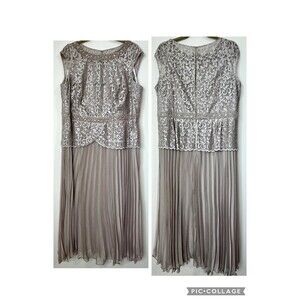 Ignite Evenings Champagne Floral Tea Length Dress Pleated Beaded Women’s 20W